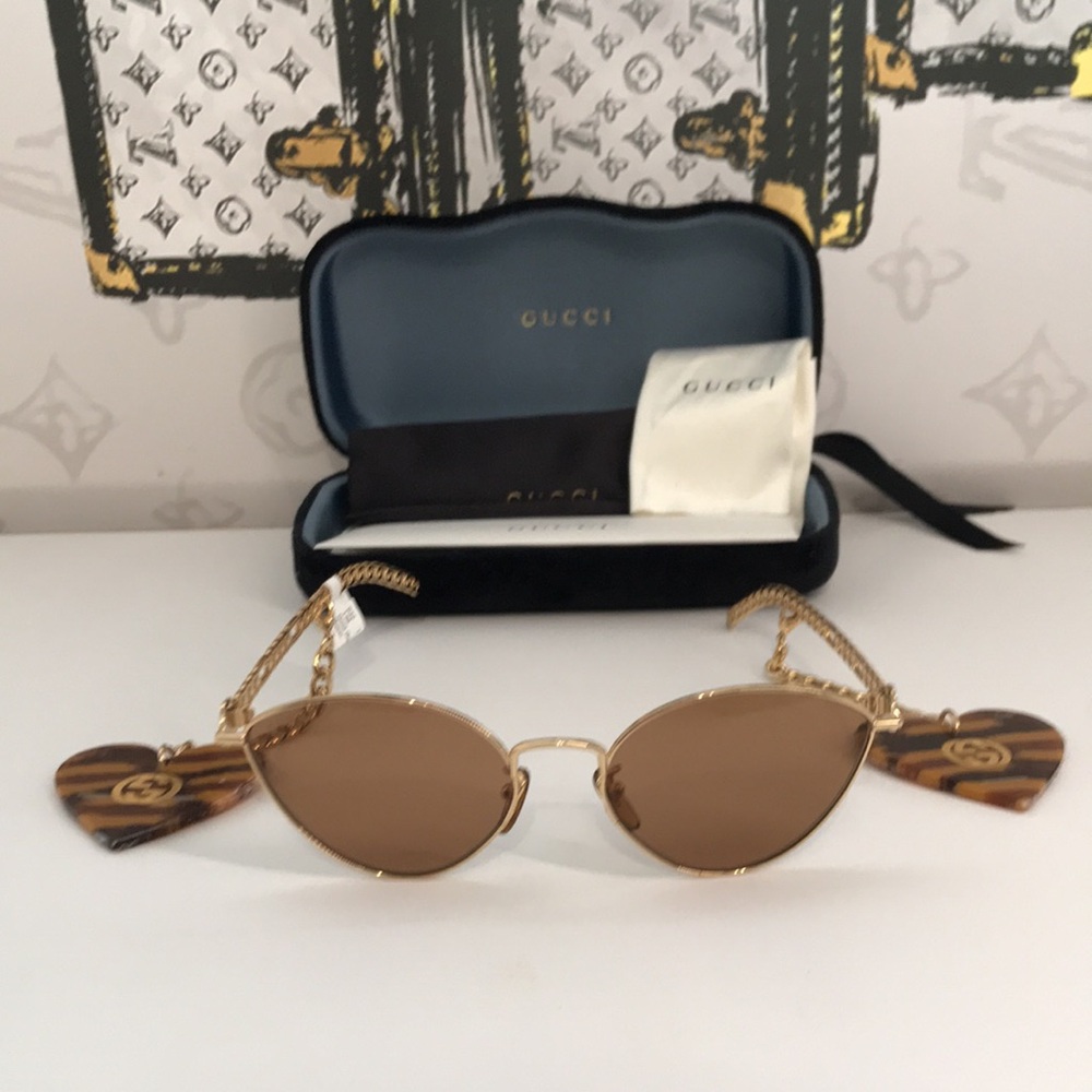 New Authentic Gucci GG0977S 002 Gold Cat-Eye Sunglasses Brown Lenses - Picture 4 of 11